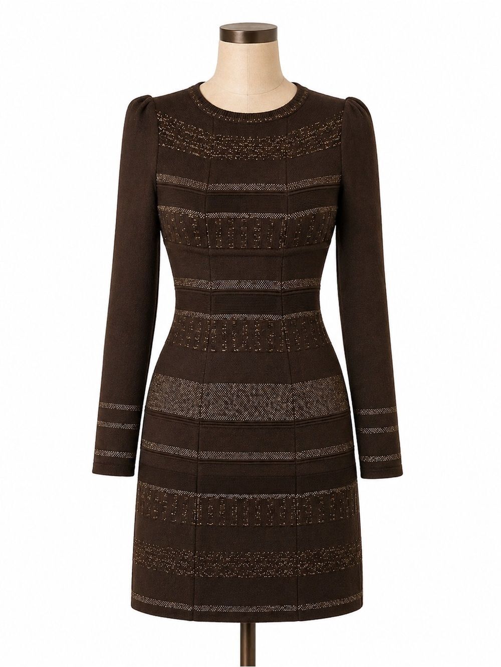 Arte Inter Brown Gold Metallic Knit Long Sleeve Bodycon Mini Dress S